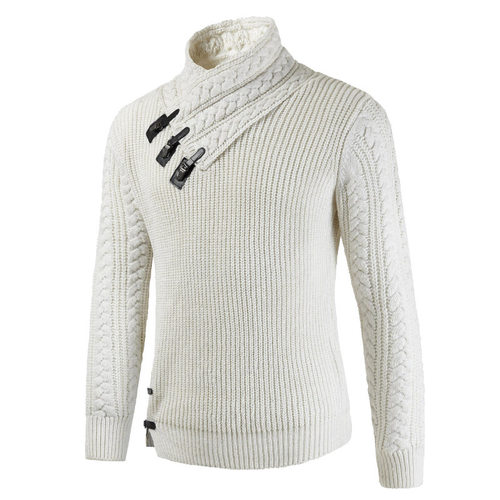 Winter mens long sleeve half high neck knit sweater leather