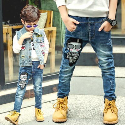 Kids Jeans Elastic Waist Stch Denim Pants Boys Cartoon Leggi