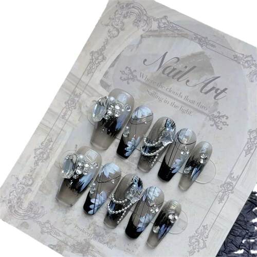 10Pcs Black Handmade Press on Nails Flower Ballet Wearable R