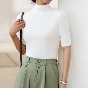 Half Turtleneck Milk Silk Tops Women Short Sleeve Slim T-Shi