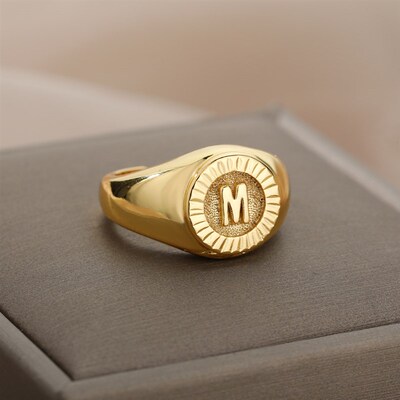 Vintage Initial Letter Signet Rings For Women Stainless Stee