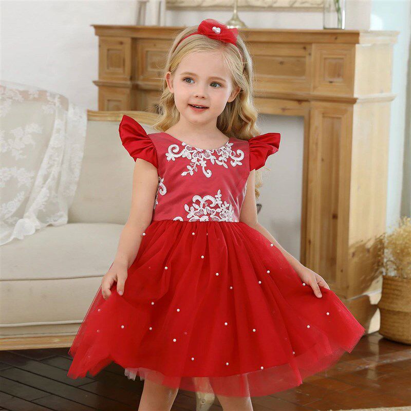 Baby Girls Princess Party Dresses Flower Lace  Red Christmas