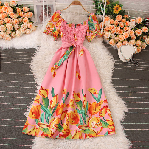 Korejepo Ruffle Square Collar Dresses Summer New Printed