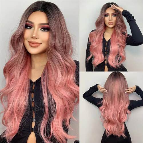 Pink Wigs For Women Long Wavy Wig Middle Part Cosplay Wig Sy