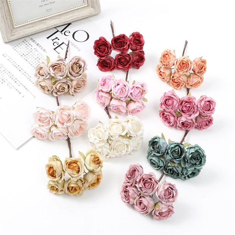 6pcs 4cm Mini Artificial Flower Silk Rose Bouquet Floral Arr