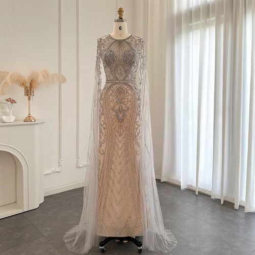 Sharon Said Luxury Silver Nude Dubai Evening Dresses with Ca