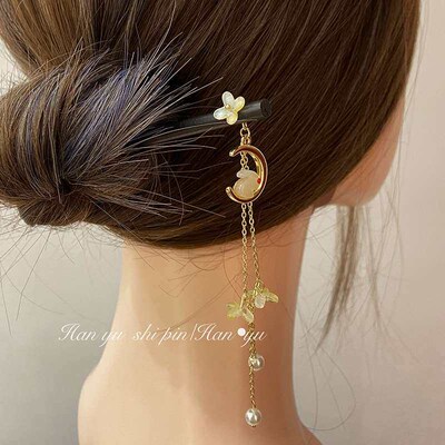 Moon Jade Rabbit Hairpin Wooden Fashion Vintage Osmanthus Pe