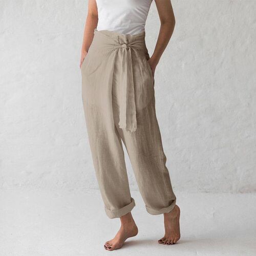 Womens cotton and linen solid color high waisted casual