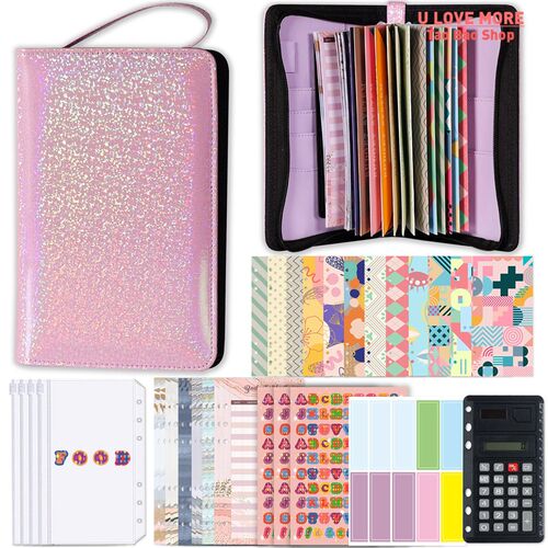A6 PU Leather Budget Binder Planner with Zipper Pockets Cash