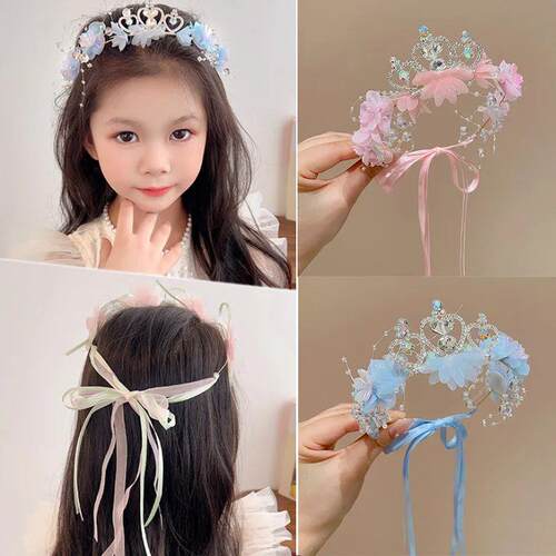 Fairy Wreath Crown Hair Hoops for Girl Pink Flower Ribbon An