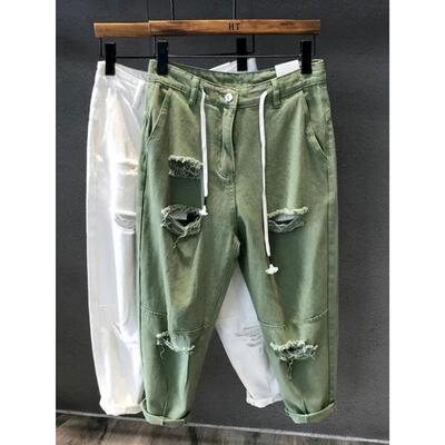 Holes Jeans Pants Men Jogger Pants High Waist Thin Loose Str