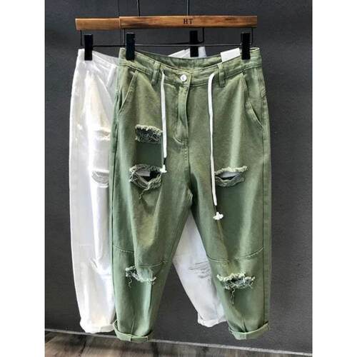 Holes Jeans Pants Men Jogger Pants High Waist Thin Loose Str