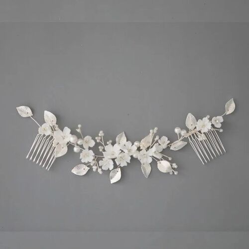 Bridal Long Hair Comb White Porcelain Flower Wedding Headpie