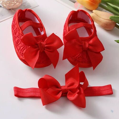 Newborn Baby Girl Christening Shoes Headband Set Soft Sole L
