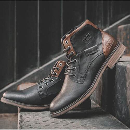 Fashion Retro Ankle Leather Men Boots High-Top Side Zipper T