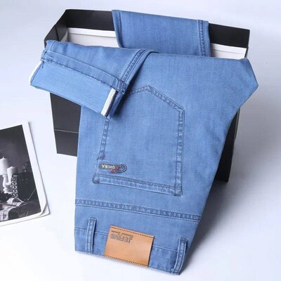 New Ice Silk Thin Denim Jeans For Men Blue Straight Sretch C