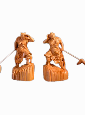 崖柏木雕千里眼顺风耳神像摆件一对哼哈二将左右护法家居工艺品