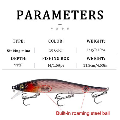 1Pcs Fishing Lure 115mm/14g Minnow Crankbait Wobblers 3D Eye