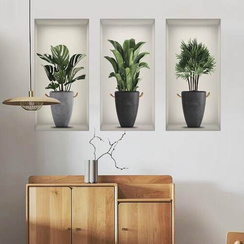 3 Sheets Green Plant Potted Plant Wall Sticker 3D False