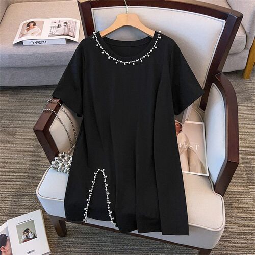 Crewneck Plus Fat Size Slim Loose Long Split Short Sleeve T-