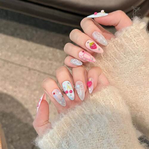 Handmade Press on Nails Ins Sweet Pink Blue Color Fake Nails