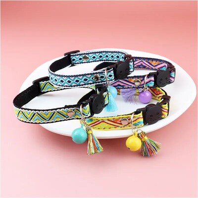 Adjustable cat collar with tassels and bells embellished pet