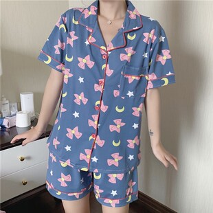 Womens Cotton Pajamas Set Turn-down Collar Pyjamas Short Sle