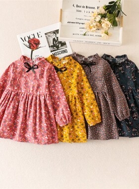 Girls Dress Cotton SpringFall Floral Tie Kids Dress Western