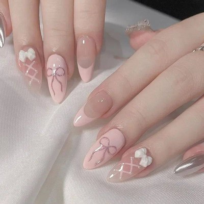 24pcs/set Pink Sweet Bow Press-on Nails - Apricot Glossy Ful