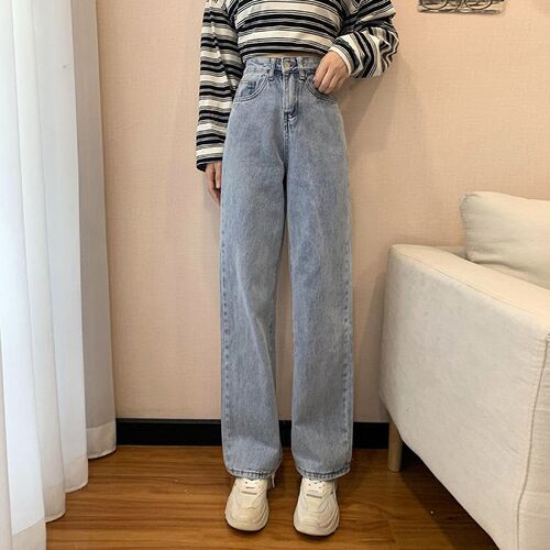 MEXZT Women High Waist Washed Jeans Korean White Casual Stra