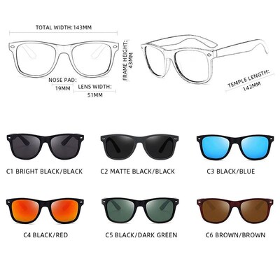 Classic Square Polarized Sunglasses Men Women Retro Black Su