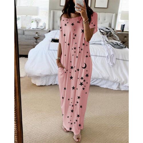 Womens 2025 Round Neck Short Sleeve Loose Midi Dress