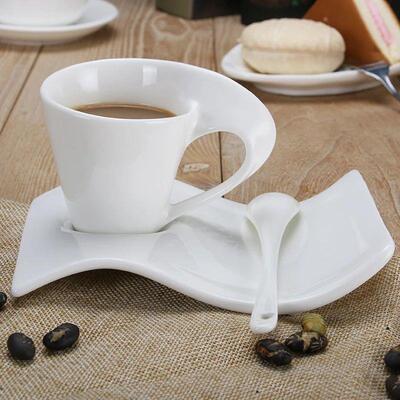 European Wave Porcelain Coffee Cup and Saucer Set White Cera