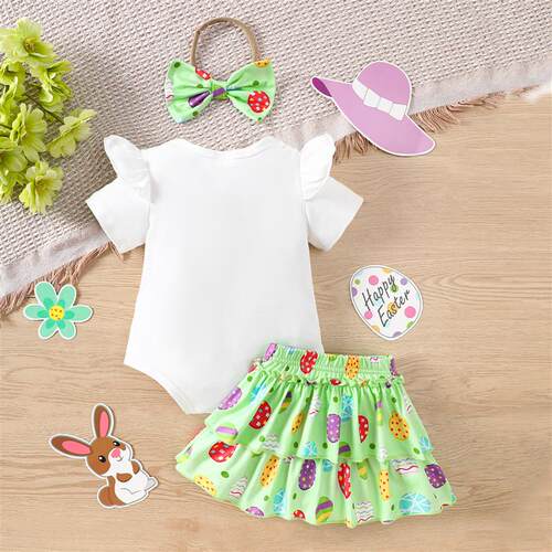 Spring Baby Girls Easter Letter Egg Print Kayak Skirt Set