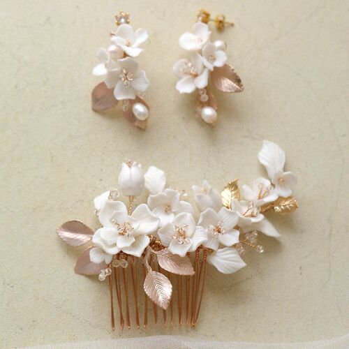 New Arrival Hand Made White Ceramic Flower Bridal Hair Comb