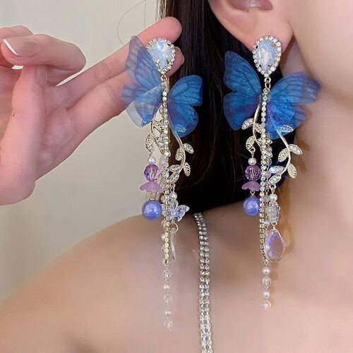Blue Butterfly Drop Earring For Women Imitation Pearl Crysta