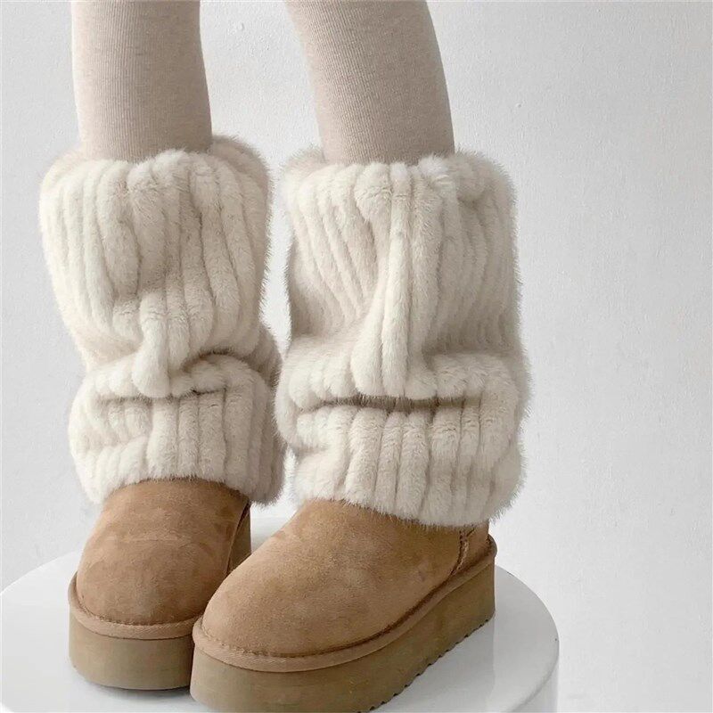 Women Thickened Imitation Mink Fur Plush Leg Warmers Boots C