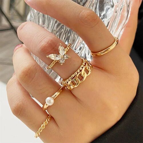 5Pcs/10Pcs Imitation Pearl Leaf Flower Rings Set For Women R