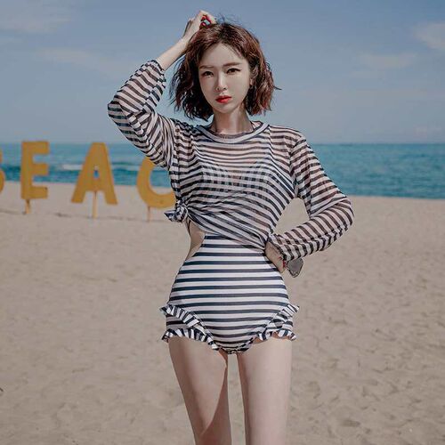 Summer beach new striped one-piece flash steel support gathe