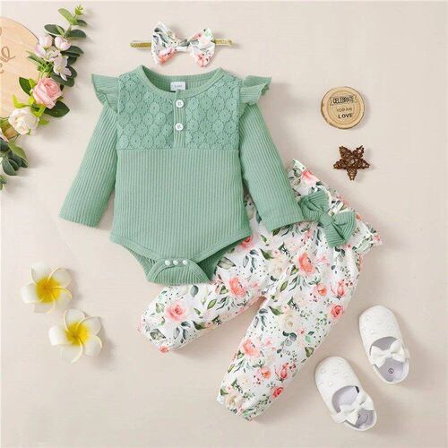 3PCS Baby Girl Clothes Set Long Sleeve Romper Top+Flowers Pa