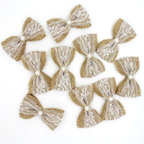 10pcs Vintage Natural Jute Burlap Hessian Bows Lace Ribbon W