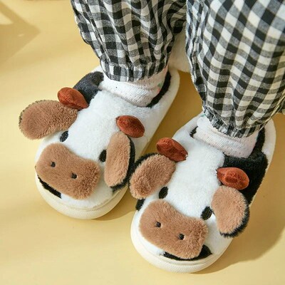 Milk Cow Fluffy Fur Slippers Women Closed Toe Plush Home Sli