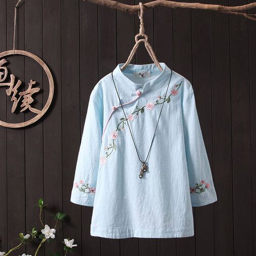 Plus size Women Blouses Floral Embroidery 3/4 Sleeve White S
