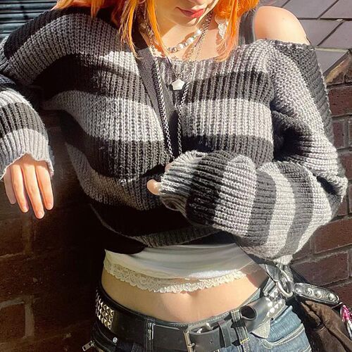 E-girl Gothic Striped Knitted Pullovers 2000s Retro Dark Aca