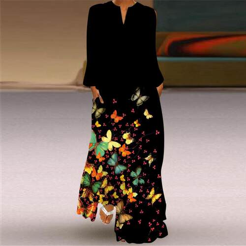 Plus Size Ladies Autumn Winter Black Long Dress Women Print