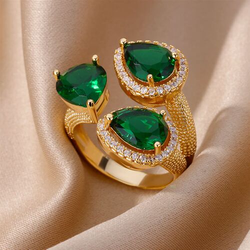 Green Zircon Water Drop Flower Rings for Women Open