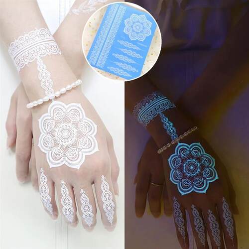 Blue Luminous Henna Tattoo Sticker Girls Tribal White Lace L