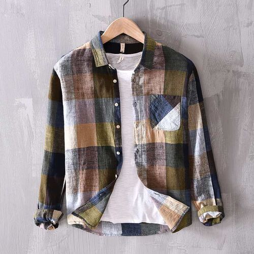New Ya Linen Shirt Mens Casual Lapel Thin Fresh Plaid Long-