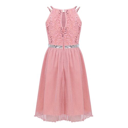 6-14 Years Kids Girls Sleeveless Sequined Floral Lace Shiny