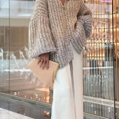Elegant Sequin Sweater Women Fashion Lurex Long Sleeve Loose